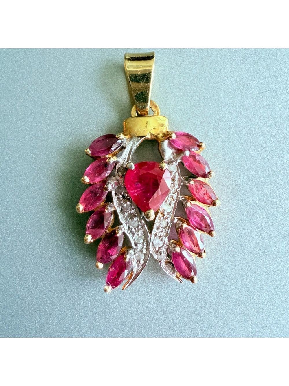Estate 14K Gold 2.5 TCW Burmese Ruby Diamond Angel Wings Heart 1.25" Pendant
